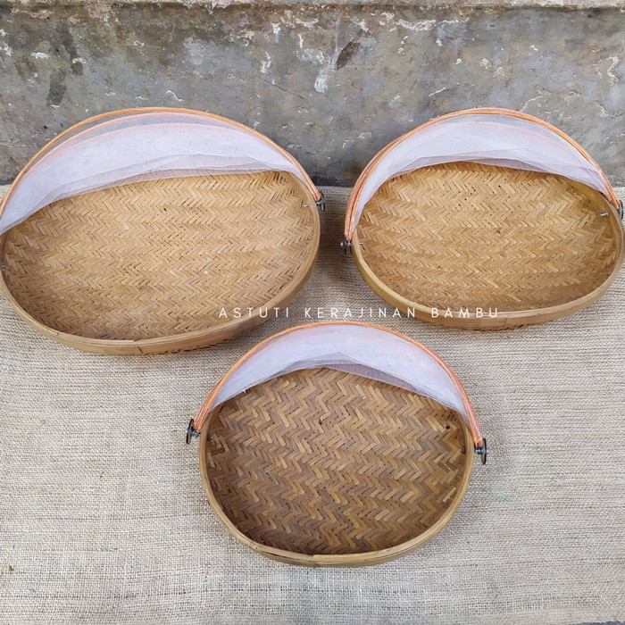 Tudung Saji 1 Set Oval Cekung Tutup Makanan Wadah Saji Bambu Unik