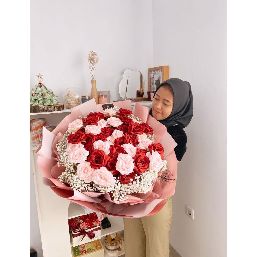 CR - ARTIFICIAL ROSE BOUQUET 50 STEM - BUKET BUNGA VALENTINE MAWAR PALSU 50 TANGKAI ARTIFICIAL FLOWE