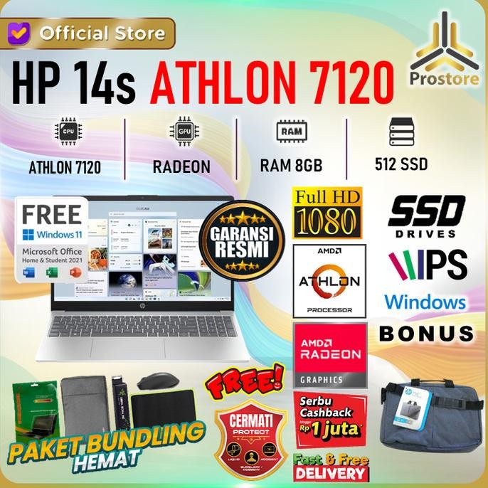 Hp 14S Athlon 3050 7120 8Gb 512Ssd W11+Ohs 14.0 2Yr