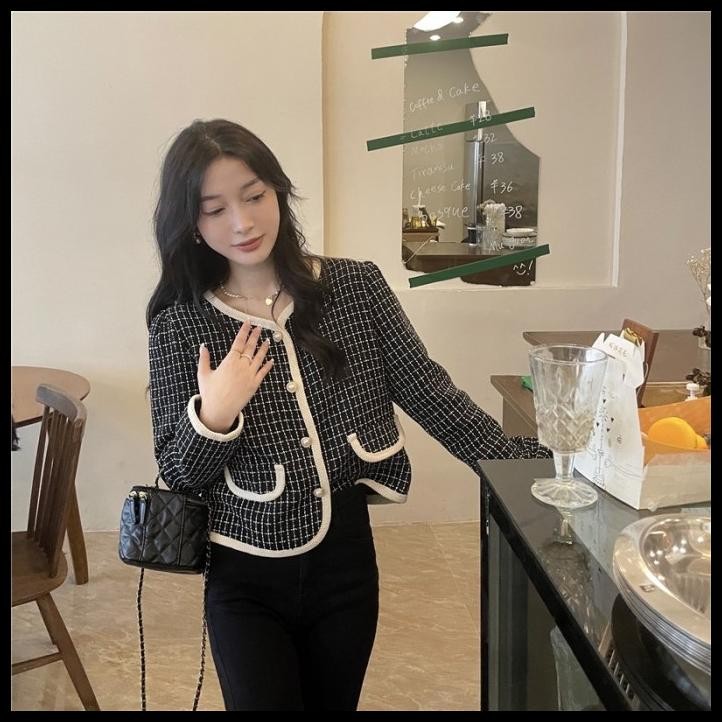 terbaru mon blazer tweed premium import wanita panjang fuschia pink kotak best seller