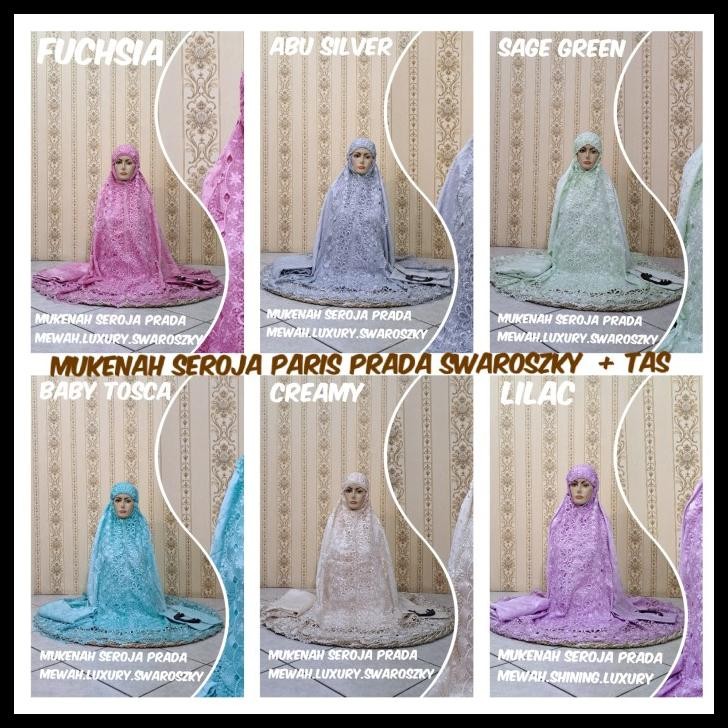 terbaru mukenah renda seroja bordir swarovski sutra paris(mewah)+tas cantik promo