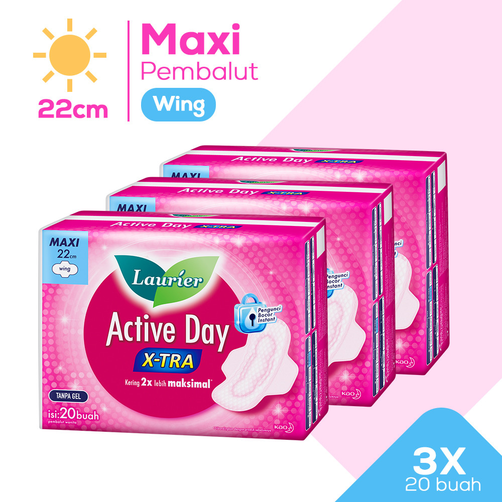 Laurier Active Day X-tra Pembalut Wanita Daya Serap Ekstra Bebas Bocor Wing 22cm isi 20 buah Triplep