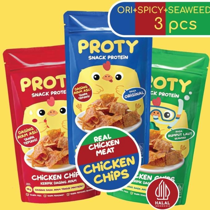 

trius snack sehat proty chicken chips ori(1 pcs)+pedas(1 pcs)+rumputlaut(1 pcs) snack sehat gluten free