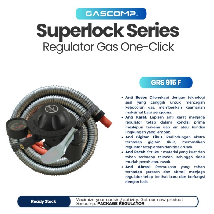 GASCOMP Superlock Regulator Gas Low Pressure dengan Selang Flexible Hitam 5 Lapisan Kuat dan Awet