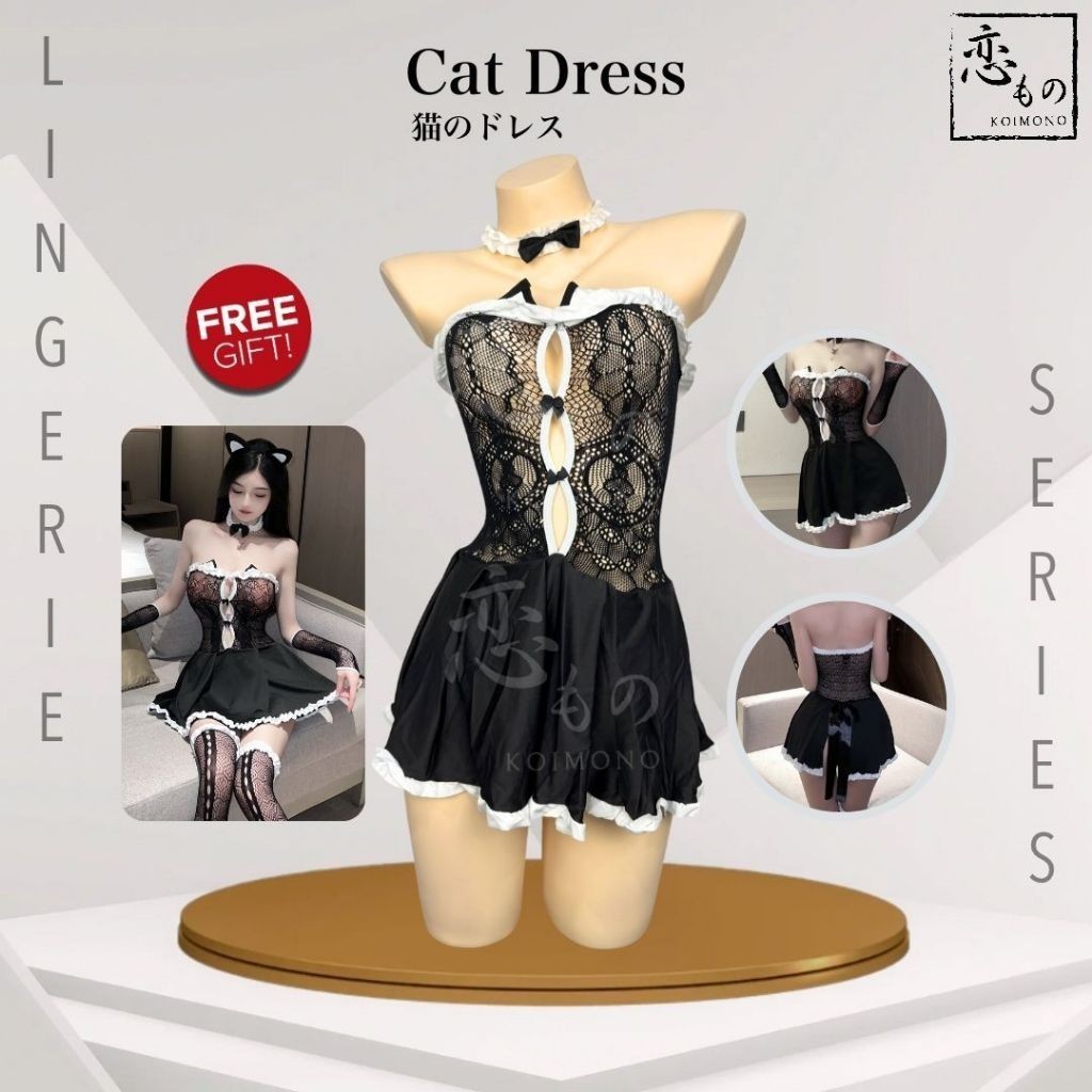 KOIMONO Cat Dress - Lingerie Sexy Kostum Cosplay Halloween Gaun Tema Kucing Baju Tidur Wanita Seksi