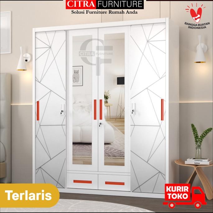 Lemari Pakaian Besi 4 Pintu Sliding Minimalis | Lemari Baju Sleding