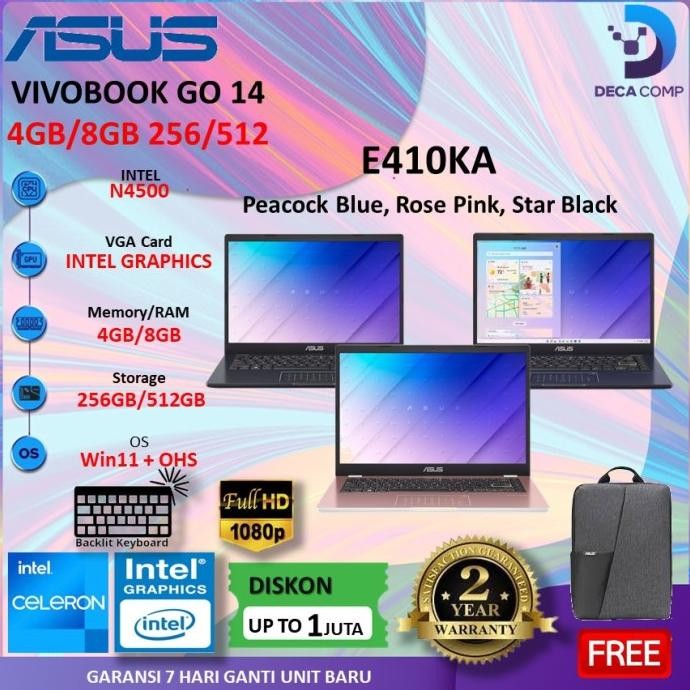 Laptop Asus Vivobook E410Ka Celeron N4500 4Gb 512Ssd W11+Ohs 14.0 Fhd/A516Mao Celeron N4020