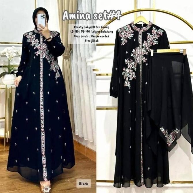Baju Gamis Wanita Muslim Amina Dress Set Jilbab Ceruti Bordir Cantik Fashion Perempuan Dewasa Remaja