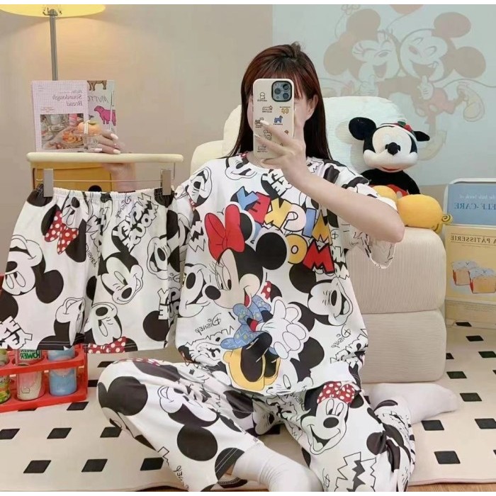 BAJU TIDUR SETELAN 3 IN 1 WANITA PIYAMA IMPORT BAHAN KAOS SPANDEK