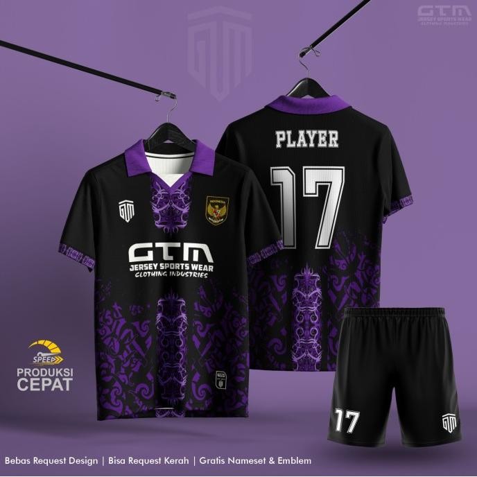 JERSEY BOLA FUTSAL HITAM UNGU MOTIF BATIK KERAH RETRO ~COSTUM DESIGN