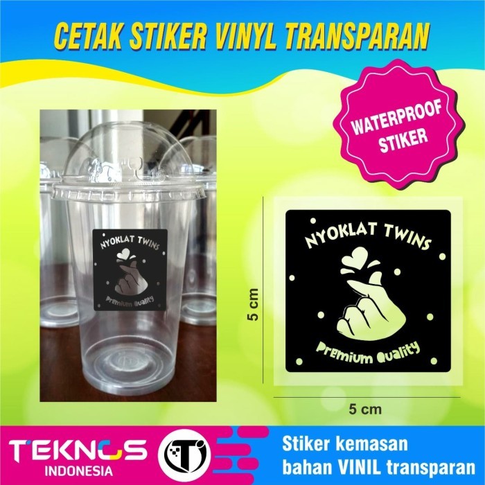 CETAK STIKER LABEL KEMASAN GELAS CUP PLASTIK VINYL TRANSPARAN 5x5