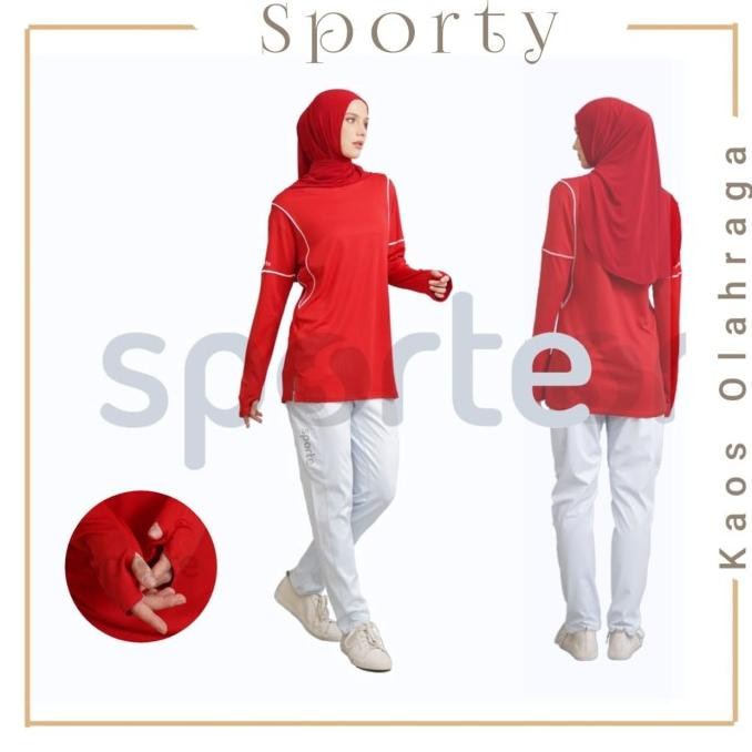 Baju Kaos Olahraga Wanita Muslim Muslimah Panjang Sporte Merah putih
