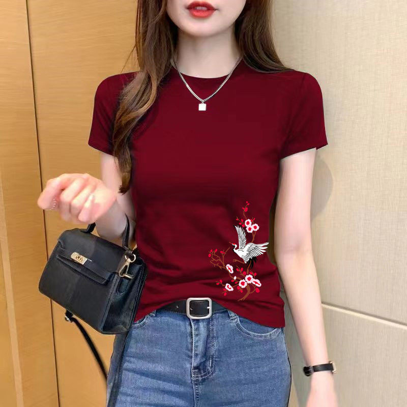 Kemeja Lengan Pendek Leher Bulat Katun Murni dengan Bahu Biasa T Atasan Pendek Slim Fit Pinggang Tin