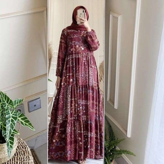 dress bunga gamis Yuli maroon baju muslim kuliah main murah jus 02 ktf