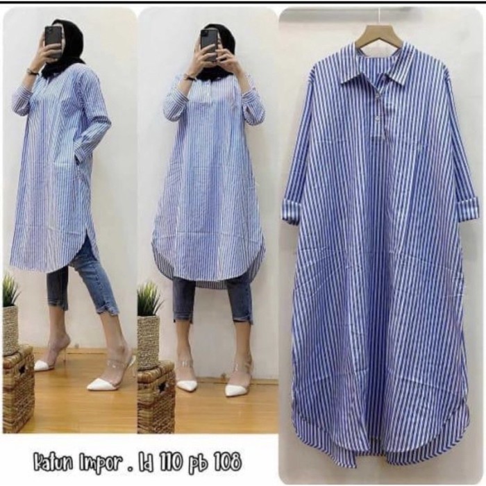 Tunik TUNIK KEMEJA WANITA SALUR BIRU 798 - Biru 798, L elegan murah kekinian