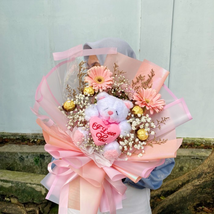

BUKET BUNGA / KADO VALENTINE DENGAN BONEKA DAN COKLAT FERERO / FLOWER