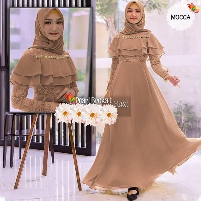 Gamis XL dress Runita mocca busana muslim wanita brukat pearl rum at YS99