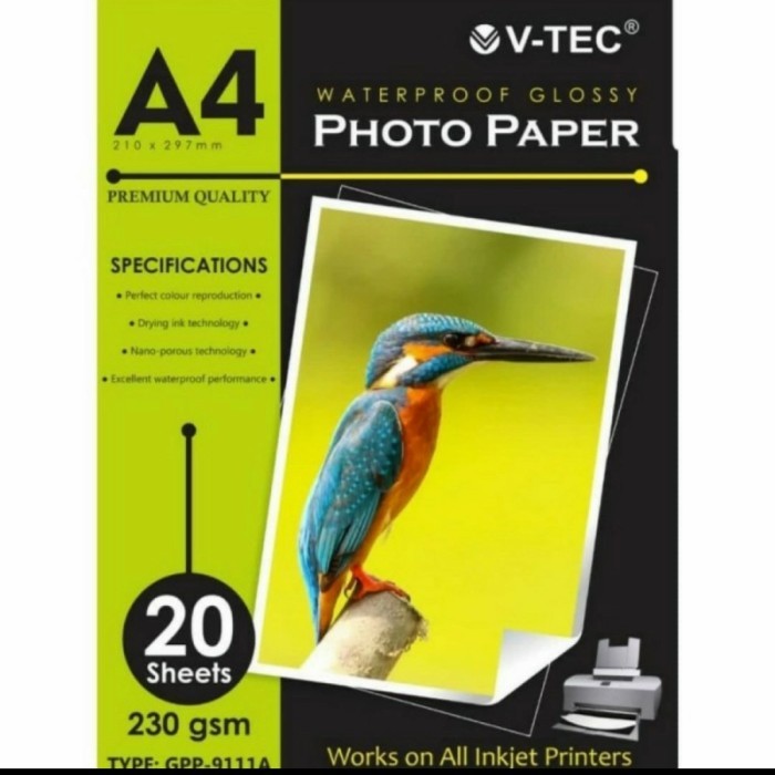 

GLOSSY PHOTO PAPER / KERTAS FOTO GLOSSY V-TEC 230 GR A4 (GPP-9111A)