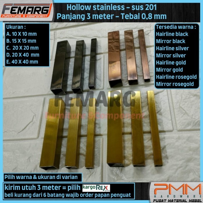 HOLLOW STAINLESS 20X20mm FEMARG SUS 201 MIRROR GOLD ROSE GOLD BLACK