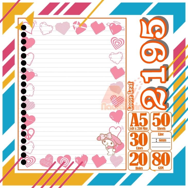 

Kertas Binder A5 Loose Leaf Polos putih Karakter Hello Kitty My Melody Cute Anime Lucu Love Pink Cewe Isi 50 Lembar Vol 2