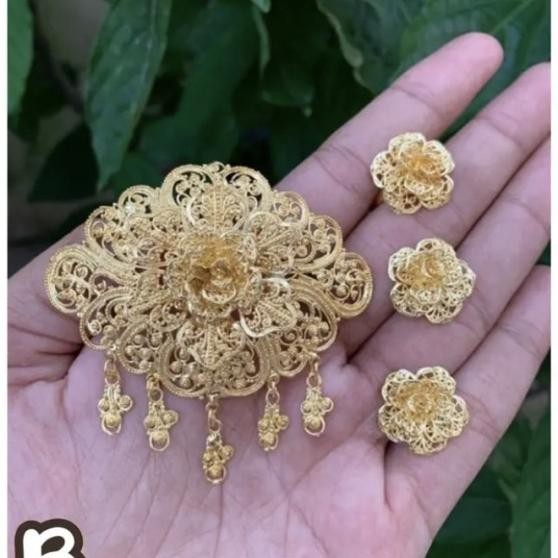 Bros Kebaya Bali 1 Set Alpaka Cincin Anting Emas Bunga Cen