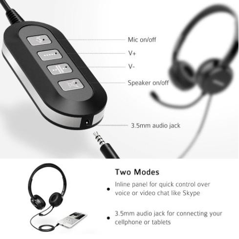 Earphone Headset Call Center ZOOM Usb Noise Reduction Wired Mpow PA071 HF56