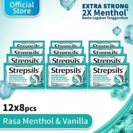 

KUALITAS TERJAMIN! STREPSILS COOL MENTHOL AND VANILA FLAVOUR EXTRA STRONG SENSATION 1 BOX 12X8 BUTIR