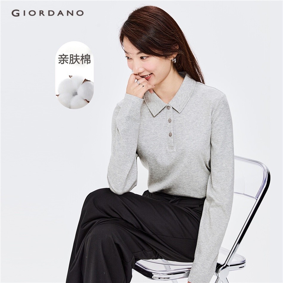 GIORDANO Kaos Polo Lengan Panjang Wanita Interlock Warna Polos 05312790 |057992BD|