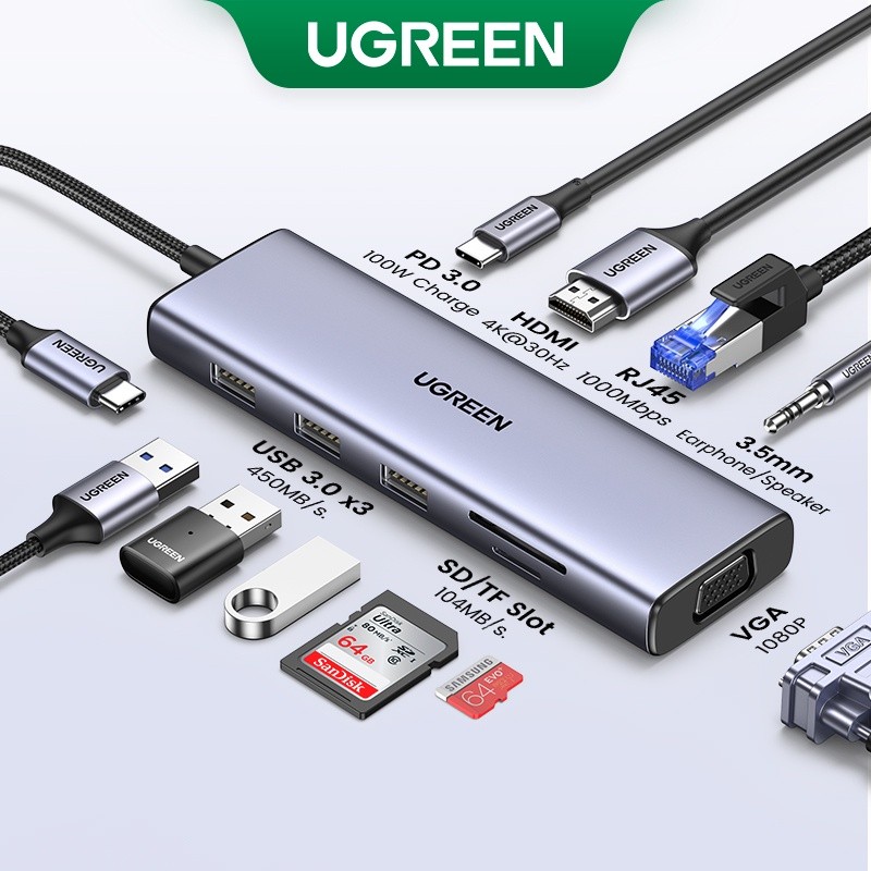 UGREEN USB Tipe C 10 In 1 Hub USB-C ke HDMI/VGA/Pembaca Kartu/RJ45/PD Adaptor untuk iPad Pro MacBook