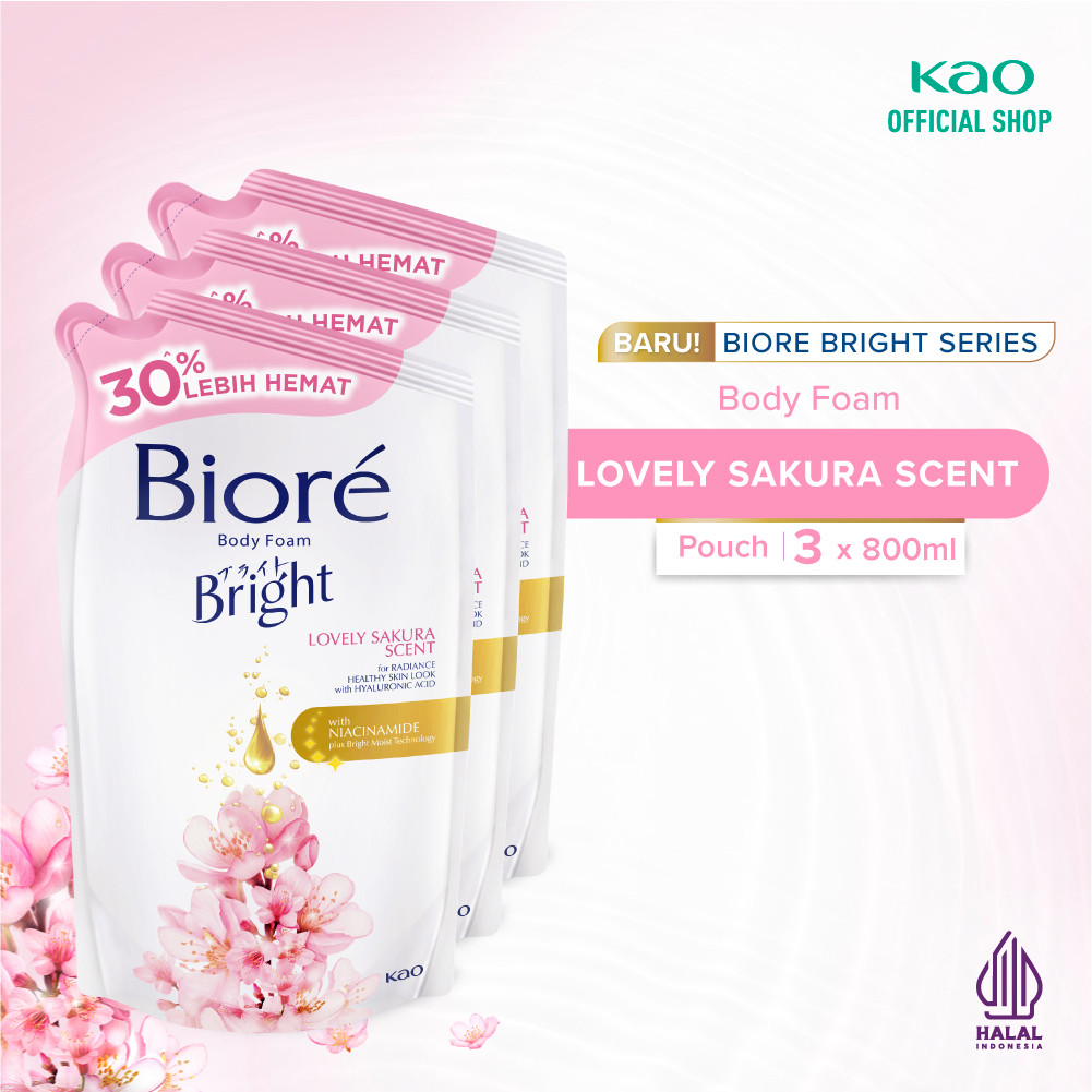 Biore Bright Sabun Mandi Cair Body Foam Lovely Sakura Pouch 800 ml Triple Pack Body Wash Lebih Hemat