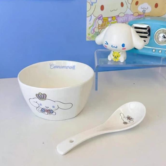 Set Keramik Peralatan Makan Cinnamoroll Isi Piring, Sendok, Mangkok, Gelas, Mangkok Tutup RYTI