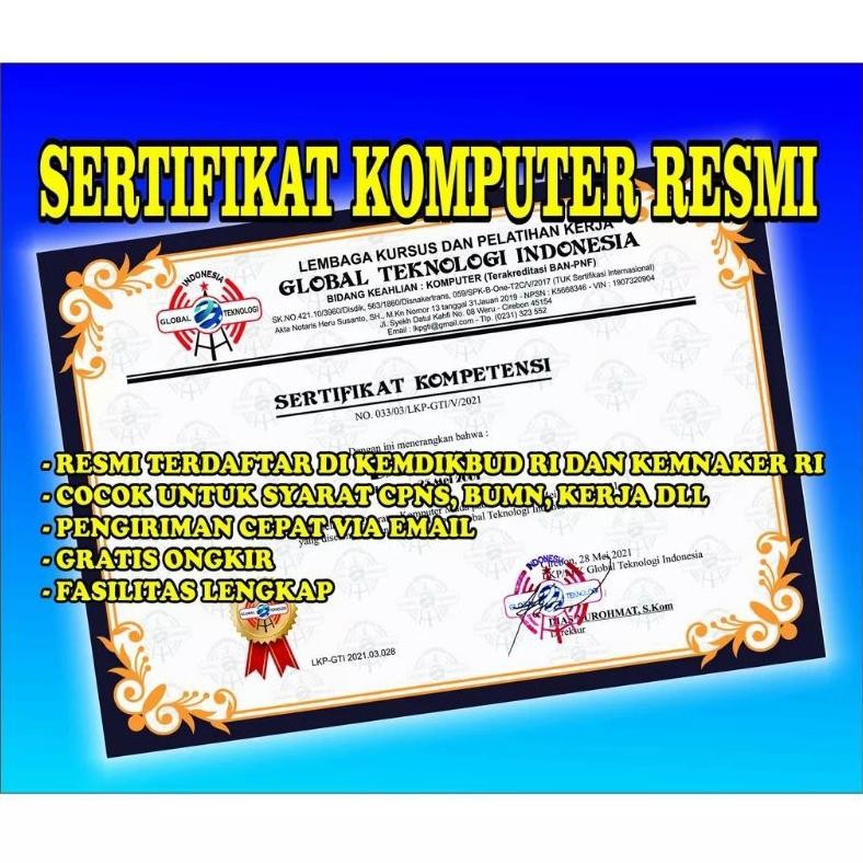 

Promo Spesial!! SERTIFIKAT KOMPUTER RESMI TERDAFTAR DI KEMENDIKBUD RI Sale