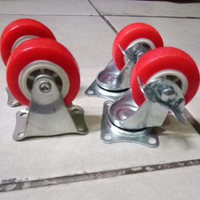 [ Bv ] Roda Troli 2 Inch Pu Merah 4 Pcs 2 Rem 2 Mati