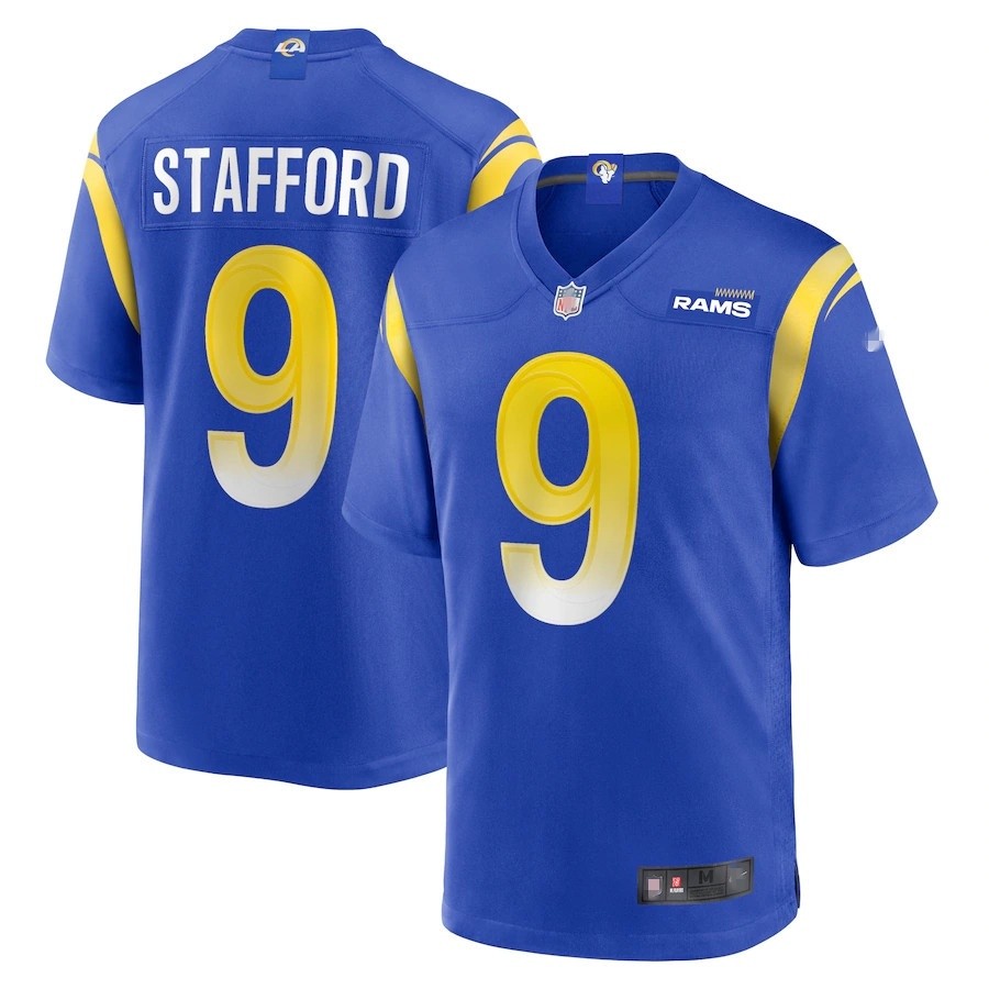 NFL Super Bowl Los Angeles RAMS 9 STAFFORD 16 GOFF 99 DONALD 10 KUPP Jersey Sepak Bola Biru Krem Put