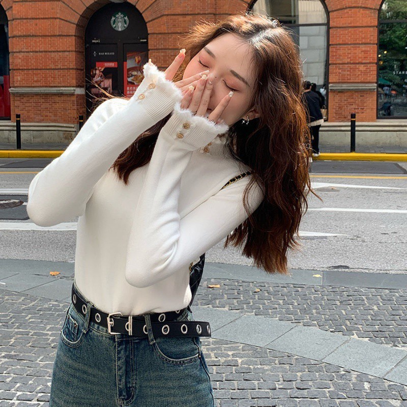 Pakaian Rajut Wanita Kerah Tinggi Setengah Tebal Berlapis Bulu/Atasan Bulu Cerpelai Gaya Korea