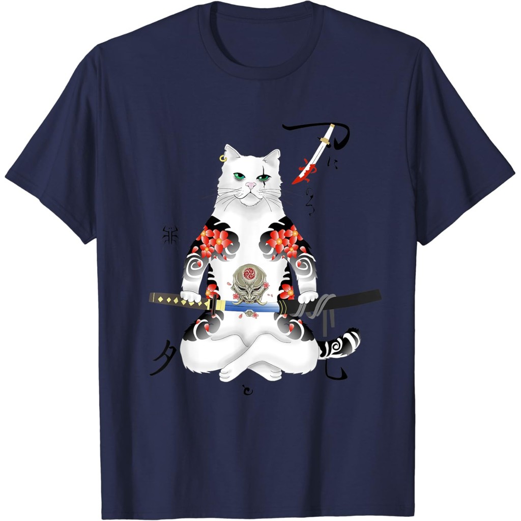Kaos katun pria hitam Kaos Tato Samurai Jepang Kucing Katana Ninja Yakuza Kaos putih Pengiriman Cepa