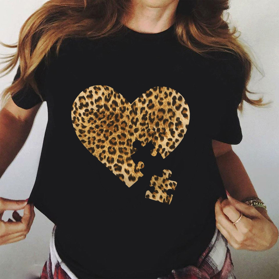 Leopardo Camiseta Kaos Hati Cinta Macan Tutul Grafis Macan Tutul Ramping Korea T Mujer