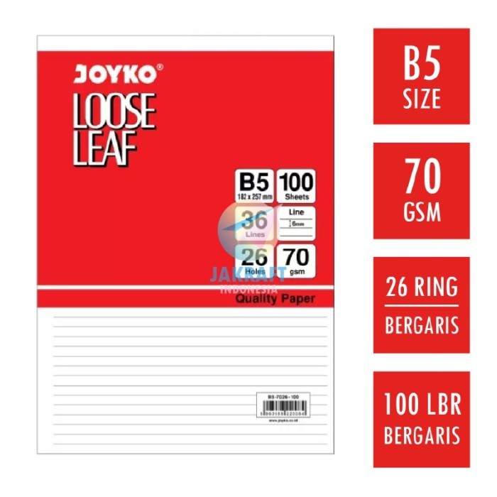 

Amberela - (100 Pcs) Kertas File Loose Leaf Joyko B5 Isi Binder Note Bergaris 26 Lubang Ring Rings