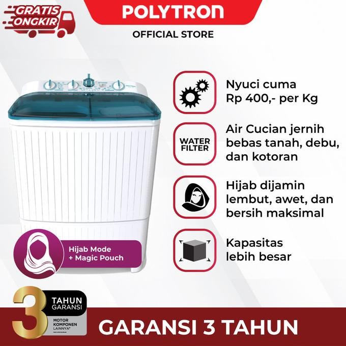 POLYTRON Mesin cuci 2 tabung Primadona Giant hijab 10 Kg PWM 1082