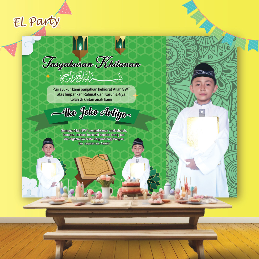 Banner Acara syukuran KHITAN AQIQAH Spanduk Ultah Kostum Karakter Background Backdrop Dekor Birthday