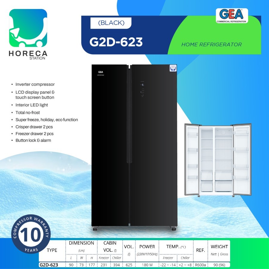 GEA Kulkas Rumah 2 Pintu BLACK GLASS G2D-623 / G2D 623 / G2D623