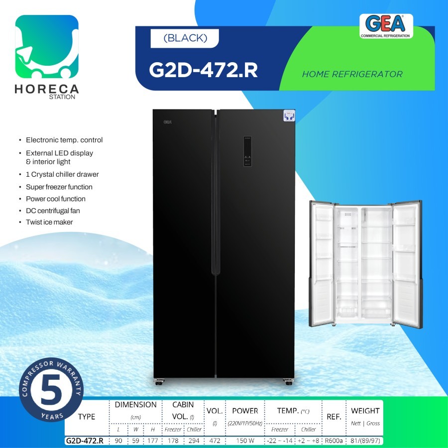 GEA Kulkas Rumah 2 Pintu BLACK GLASS G2D-472.R / G2D 472 R / G2D472R