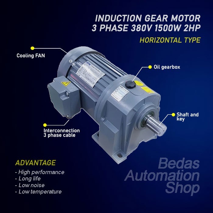 Motor induksi gearbox 3 phase 2 Hp (1.5KW) 4 Pole 1500rpm