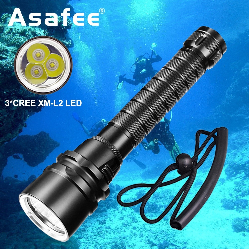 Asafee FD007L 3 * XM-L2 Senter Selam LED menggunakan baterai 18650 Senter Tahan Air 100M Lampu Bawah