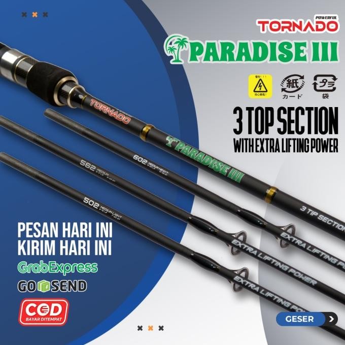 BEBAS ONGKIR - Joran Tornado Paradise IIII 3 Tip Section Carbon Solid Handle Full Eva