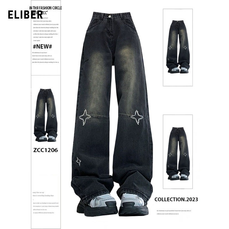 Celana jeans hitam bordir bintang antik wanita jeans hitam longgar tipis kaki lurus lebar mengangkut