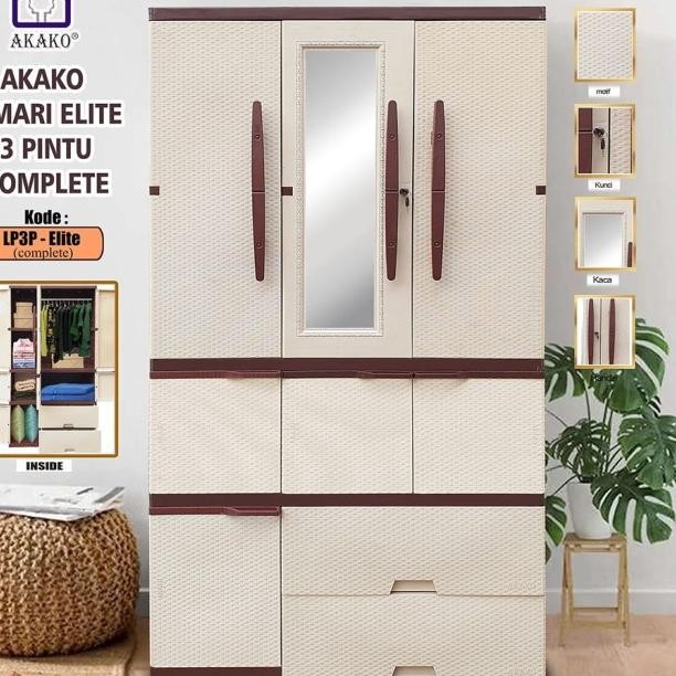 Lemari Pakaian Plastik Lp3P Jumbo Besar Akako Elite 3 Pintu Kaca