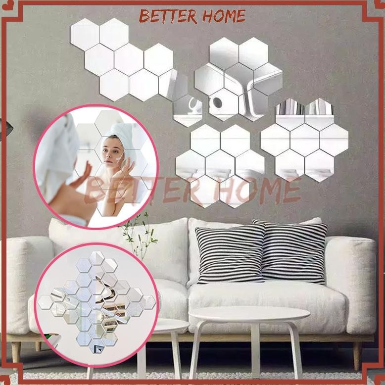 Sticker Kaca Hexagonal Mirror Wall Decoration/Besar Cermin Kaca Hexagonal Mirror Dekorasi Hiasan Din