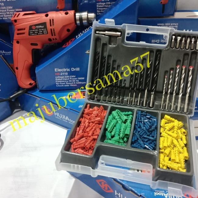 Mesin Bor Tangan Hujia 10Mm Dan Mata Bor Lengkap 300Pc Bor Listrik