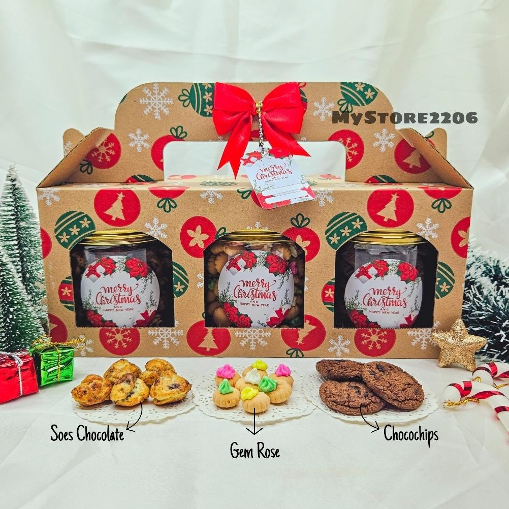 

VIRAL Hampers Parcel Natal 2024 Cookies Kue Kering Choco Chips, Gem Rose, Soes Chocolate isi 3 Jar 600ml / Hampers Merry Christmas AS25